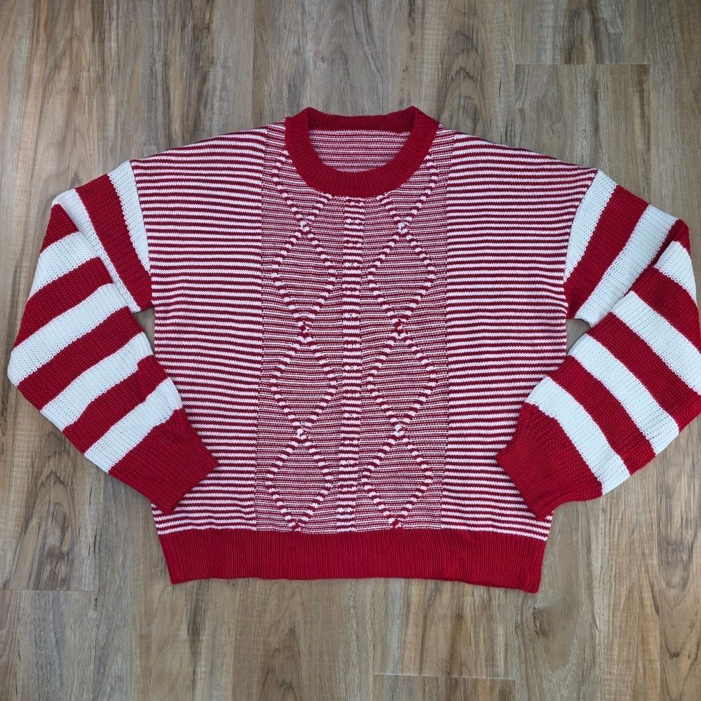 🩵🅰️NWOT Red & White Striped Knit Long Sleeve Sweater Large - Picture 5 of 16